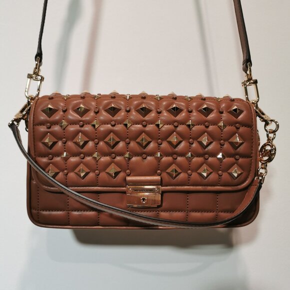 Cognac/Gold Quilted/Studded Leather Satchel/Crossbody NWOT #258 - Picture 2 of 13